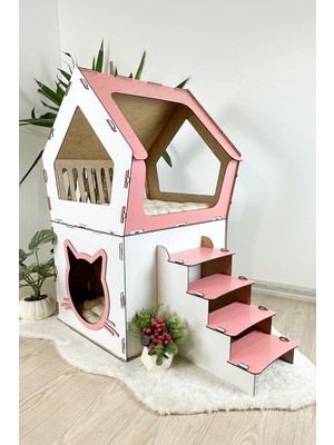 Mavi Trend  Ahşap Büyük Kedi Evi Xxl Açık Teraslı Model 5 kg Üstü Kediler Için Pembe - Beyaz Renk