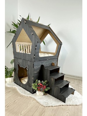 Mavi Trend  Ahşap Büyük Kedi Evi Xxl Açık Teraslı Model 5 kg Üstü Kediler Için Siyah Renk