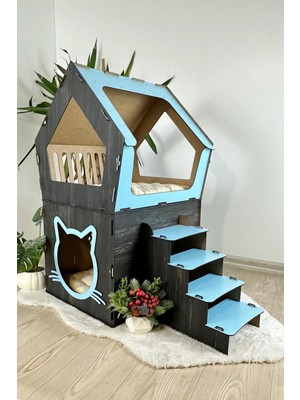 Mavi Trend  Ahşap Büyük Kedi Evi Xxl Açık Teraslı Model 5 kg Üstü Kediler Için Mavi - Siyah Renk