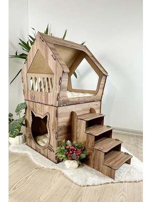 Mavi Trend  Ahşap Büyük Kedi Evi Xxl Açık Teraslı Model 5 kg Üstü Kediler Için Kahverengi Renk