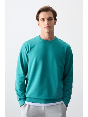 Air Jones Deniz Yeşili Pamuk Yumuşak Dokulu Standart Fit Basic Erkek Sweatshirt - 88363