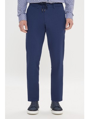 Altınyıldız Classics Erkek Lacivert Comfort Fit Rahat Kesim Pamuklu Beli Bağlamalı Yan Cepli Armürlü Pantolon