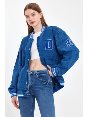 Damga Kadın Jeanvibe Oversize Pamuklu Rahat Kot Kolej Ceket Mavi