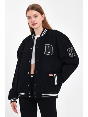 Damga Kadın Jeanvibe Oversize Pamuklu Rahat Kot Kolej Ceket Siyah
