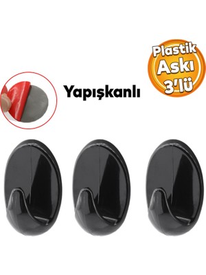 Badem10 Yapışkanlı Banyo Lavabo Mutfak Askılık Siyah Plastik Sağlam Asma Iz Bırakmayan Askı 3 Adetli Set