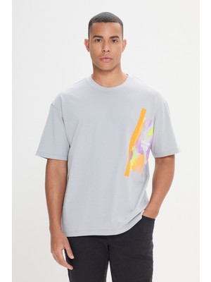 Altınyıldız Classics Erkek Gri Loose Fit Bol Kesim %100 Pamuk Yumuşak Dokulu Baskılı  Bisiklet Yaka Tişört