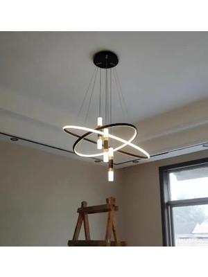 Zr Aydınlatma Siyah Ø35+50CM 3 Işık, Kumandalı, Halka Avize, Boru LED Lamba, Yuvarlak Sarkıt Avize, Modern, Dekoratif