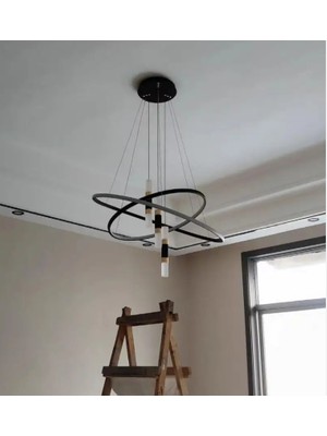 Zr Aydınlatma Siyah Ø35+50CM 3 Işık, Kumandalı, Halka Avize, Boru LED Lamba, Yuvarlak Sarkıt Avize, Modern, Dekoratif