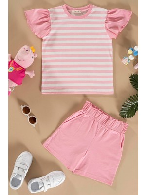 For You Kids Çizgili Volanlı Kol Tshirt Şort Pembe Takım