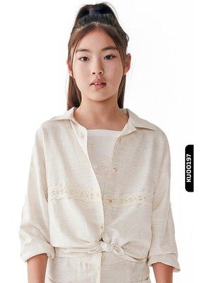 Nk Kids Düğmeli Ceket Yakalı Nakışlı Büzgü Kollu Kız Çocuk Gömlek 8-14 Yaş 36331