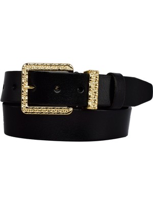 Goderi Deri, Siyah Nikel Tokalı 4 cm Siyah Kadın Kemeri; Kot, Spor Kemer