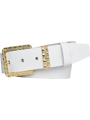 Goderi Deri, Gold Takım Tokalı 4 cm Beyaz Kadın Kemeri; Kot, Spor Kemer