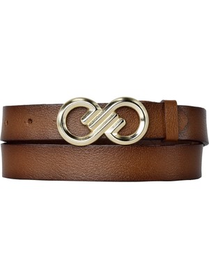 Goderi Deri, Gold Tokalı 3 cm Kahverengi Kadın Kemeri; Elbise, Pantolon Kemeri