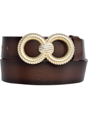 Goderi Deri, Gold Tokalı 4 cm Koyu Kahverengi Kadın Kemeri; Kot, Spor Kemer