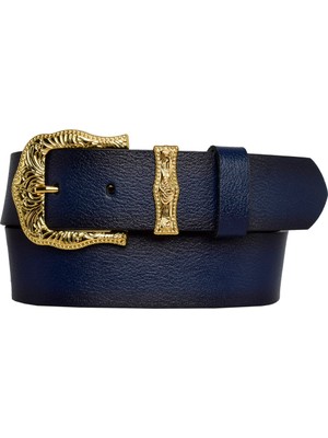 Goderi Deri, Gold Takım Tokalı 4 cm Lacivert Kadın Kemeri; Kot, Spor Kemer