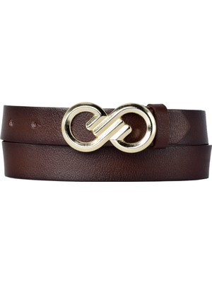 Goderi Deri, Gold Tokalı 3 cm Koyu Kahverengi Kadın Kemeri; Elbise, Pantolon Kemeri