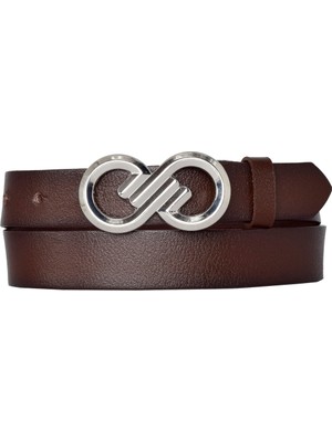 Goderi Deri, Gümüş Tokalı 3 cm Koyu Kahverengi Kadın Kemeri; Elbise, Pantolon Kemeri