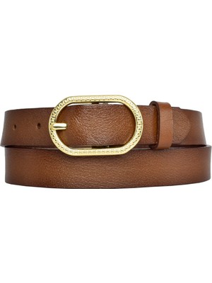 Goderi Deri, Gold Oval Tokalı 3 cm Kahverengi Kadın Kemeri; Elbise, Pantolon Kemeri=3cm-Kdn-32
