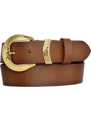Goderi Deri, Gold Takım Tokalı 4 cm Kahverengi Kadın Kemeri; Kot, Spor Kemer
