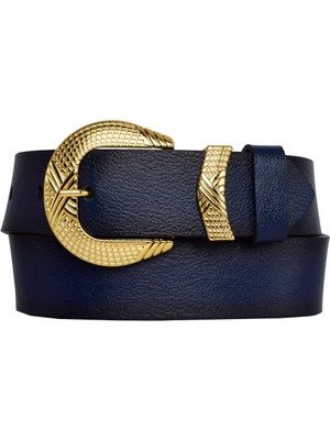 Goderi Deri, Gold Takım Tokalı 4 cm Lacivert Kadın Kemeri; Kot, Spor Kemer