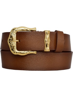 Goderi Deri, Gold Takım Tokalı 4 cm Kahverengi Kadın Kemeri; Kot, Spor Kemer