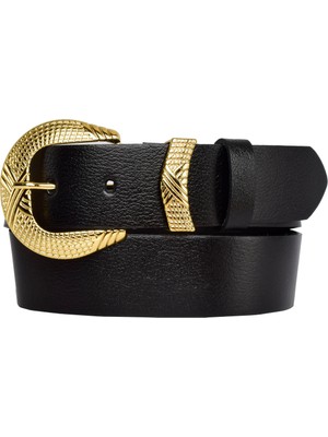 Goderi  Deri, Gold Takım Tokalı 4 cm Siyah Kadın Kemeri; Kot, Spor