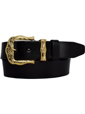 Goderi Deri, Gold Takım Tokalı 4 cm Siyah Kadın Kemeri; Kot, Spor Kemer