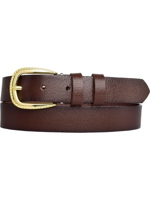 Goderi Deri, Gold Tokalı 3 cm Koyu Kahverengi Kadın Kemeri; Elbise, Pantolon Kemeri=3cm-Kdn-31