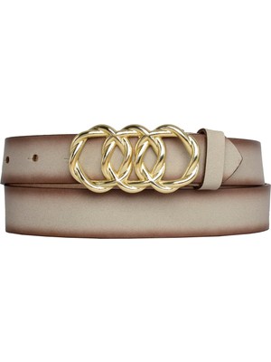 Goderi Deri, Gold Örgü Tokalı 3 cm Vizon Kadın Kemeri; Elbise, Pantolon Kemeri