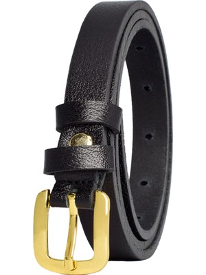 Goderi Deri, Gold Tokalı Çok Ince 1.8 cm Siyah Kadın Kemeri; Elbise, Pantolon Kemeri