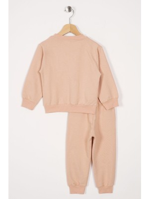 Acar Bisiklet Yaka Uzun Kol Papatya Nakıslı Bej Renk Kız Çocuk Esofman Takım