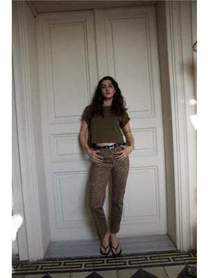 Suud Collection Kahverengi Leopar Crop Pantolon