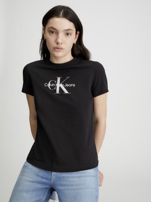 Calvin Klein Kadın Calvin Klein Monogram Logolu Regular Fit Standart Kesimli Bisiklet Yakalı Kısa Kollu Siyah T-Shirt J20J223264-BEH