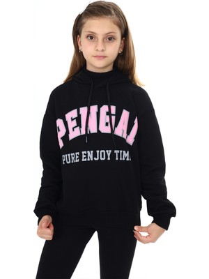 Pengai Siyah Pengai Yazı Baskı Polarlı Kız Çocuk Sweatshirt 18328