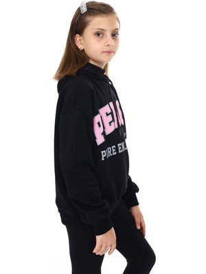 Pengai Siyah Pengai Yazı Baskı Polarlı Kız Çocuk Sweatshirt 18328