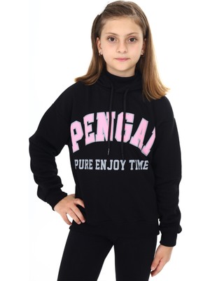 Pengai Siyah Pengai Yazı Baskı Polarlı Kız Çocuk Sweatshirt 18328