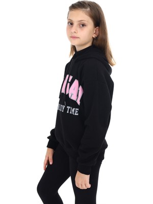 Pengai Siyah Pengai Yazı Baskı Polarlı Kız Çocuk Sweatshirt 18328