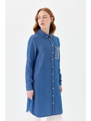 Nihan Özel Nakış Detaylı Tencel Tunik  Indigo