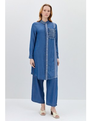 Nihan Yakası ve Cebi Nakışlı Tencel Tunik  Indigo