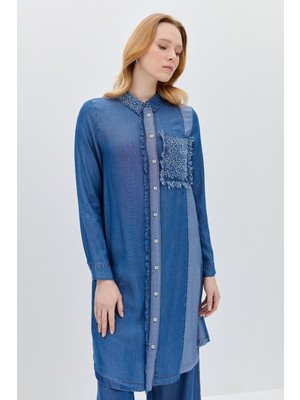 Nihan Yakası ve Cebi Nakışlı Tencel Tunik  Indigo