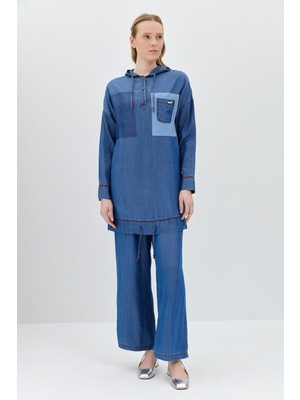 Nihan Cep Detaylı Kapşonlu Tencel Tunik  Indigo