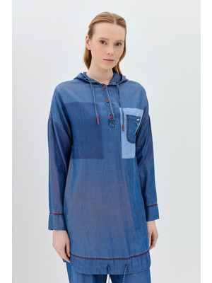 Nihan Cep Detaylı Kapşonlu Tencel Tunik  Indigo