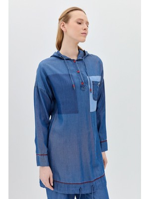 Nihan Cep Detaylı Kapşonlu Tencel Tunik  Indigo