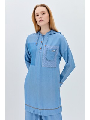 Nihan Cep Detaylı Kapşonlu Tencel Tunik  Buz