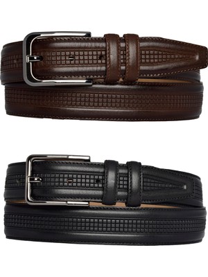 Goderi , 2'li Set Siyah, Koyu Kahve Dikişli Klasik, Kumaş Pantolon Kemeri 3.5 Cm_orta.bas