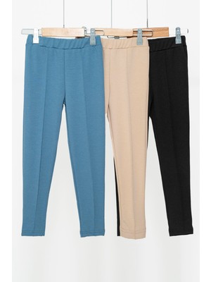 For You Kids 3'lü Çımalı Mavi Taş Siyah Likralı İnterlok Tayt