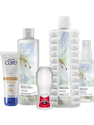 Avon Senses White Lily Zambak Kokulu Nemlendirici ve Ferahlatıcı Banyo Seti, 975 ml – El Kremi, Roll-on, Duş Jeli, Vücut Spreyi, Köpük