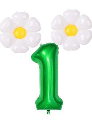 Best Parti 1 Rakam Koyu Yeşil Rakam ve Papatya  Folyo Balon Seti