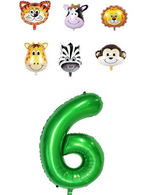 Best Parti Safari Hayvanlar Temalı Yeşil Rakam Folyo Balon Seti Yaş 6