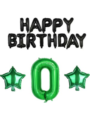 Best Parti Siyah Happy Bırthday Yeşil Rakam ve Yıldız Folyo Balon Seti Yaş 0